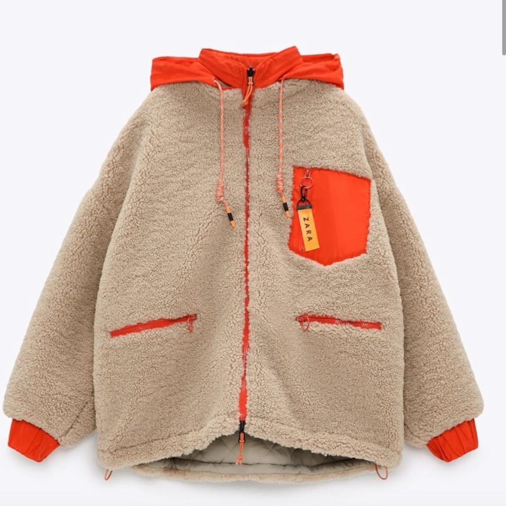 Zara Red and Tan Sherpa Padded Fleece Jacket